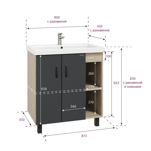 Тумба под раковину Onika Тимбер 109034 85 см R дуб сонома и серый напольная (раковина Адриана 90)