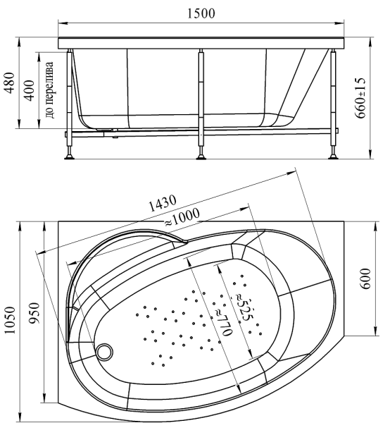 Ванна акриловая Radomir Монти 150x105 R 2-01-0-2-1-213 угловая c каркасом