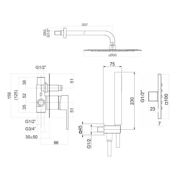 Душевой комплект со смесителем Webert Pegaso PE890104794 золото матовый встраиваемый
