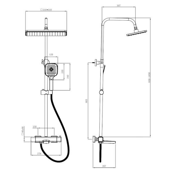 Душевая стойка со смесителем Esko STT3054Black черная матовая с термостатом