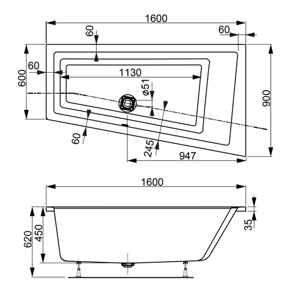 Ванна акриловая Vagnerplast Cavallo 160x90 R VPBA169CAV3PX-04