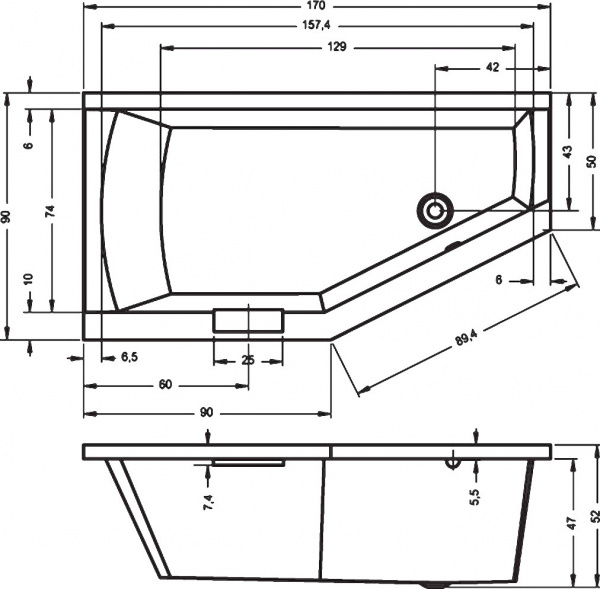 Ванна акриловая Riho Geta 170x90 R B031001005 угловая