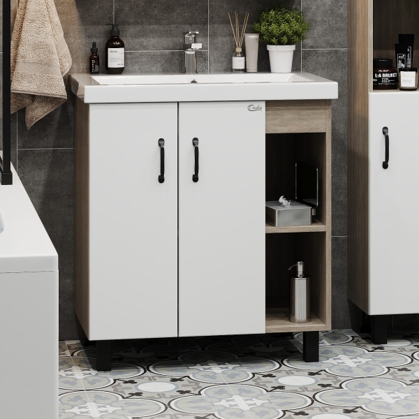 Тумба под раковину Onika Тимбер 109033 85 см R дуб сонома и белый напольная (раковина Адриана 90)