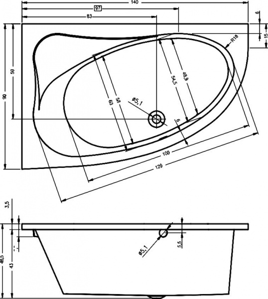 Ванна акриловая Riho Lyra 140x90 R B019001005 угловая