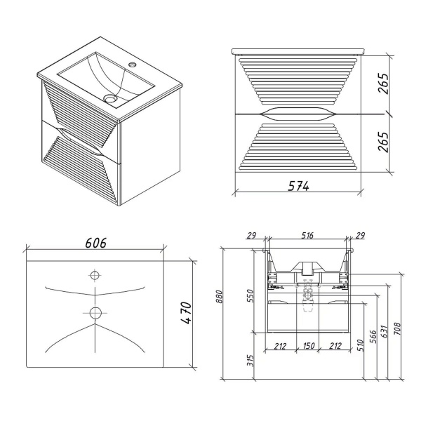 Тумба с раковиной Caprigo Modo Terza 35611-RF15 55 см скайрос