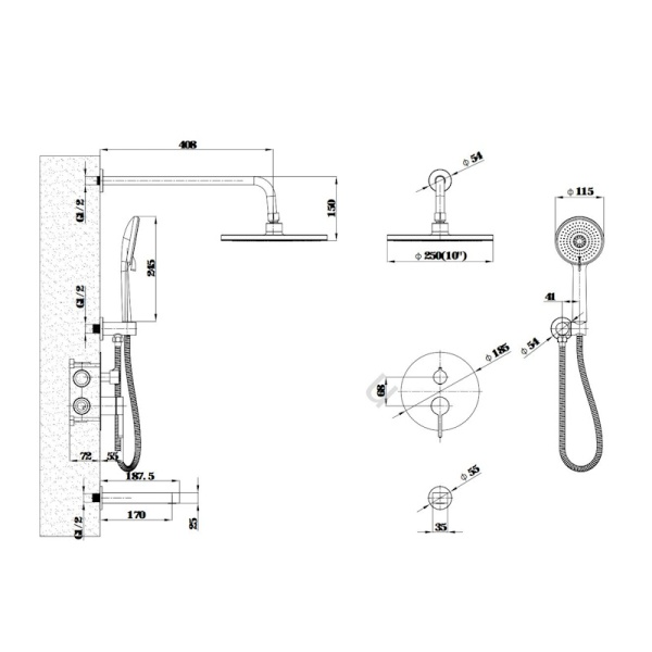 Душевой комплект со смесителем Esko 7in1SCGM оружейная сталь матовый встраиваемый